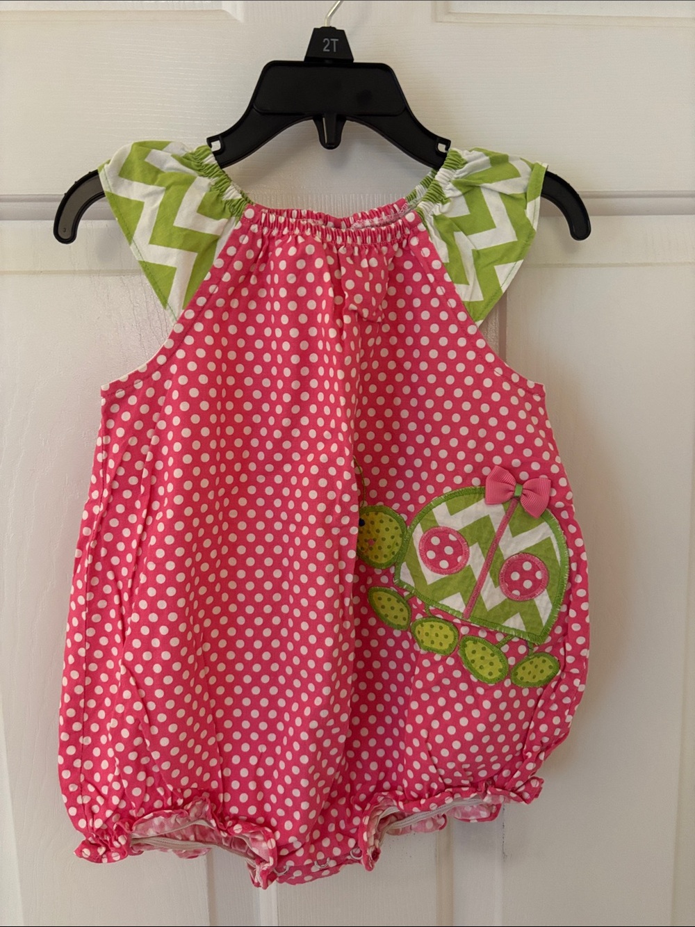 The Bailey Boys: Pink Polka Dot Toddler Bubble Romper with Green Chevron Accents